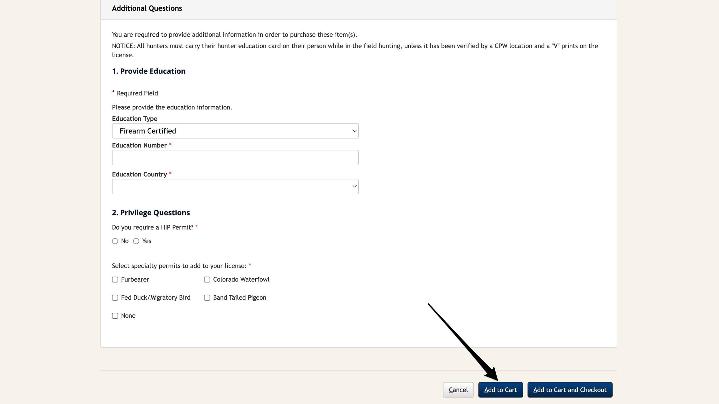 Hunter Education verification on Colorado shop page