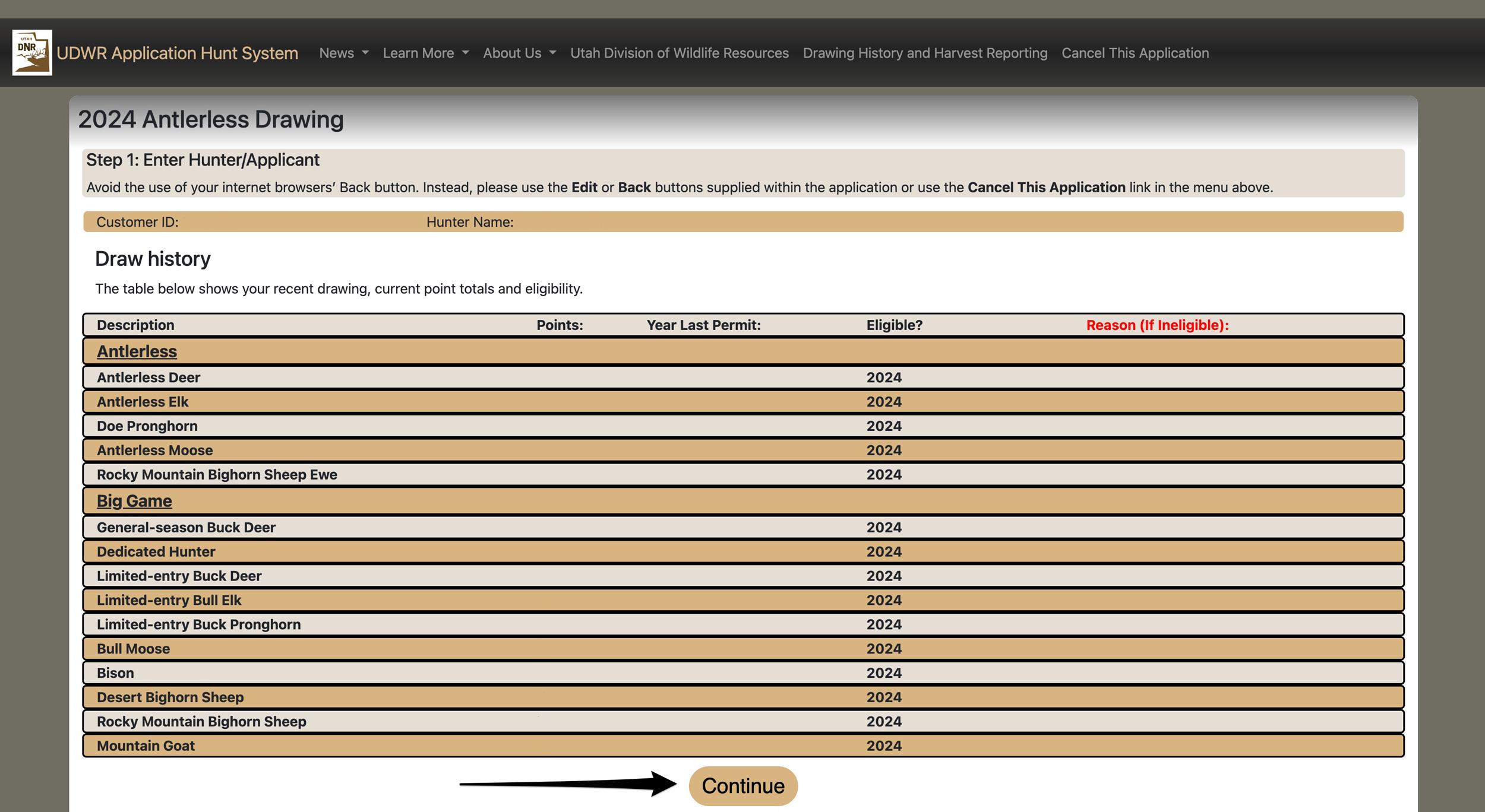 Utah hunting draw history and current bonus and preference point totals