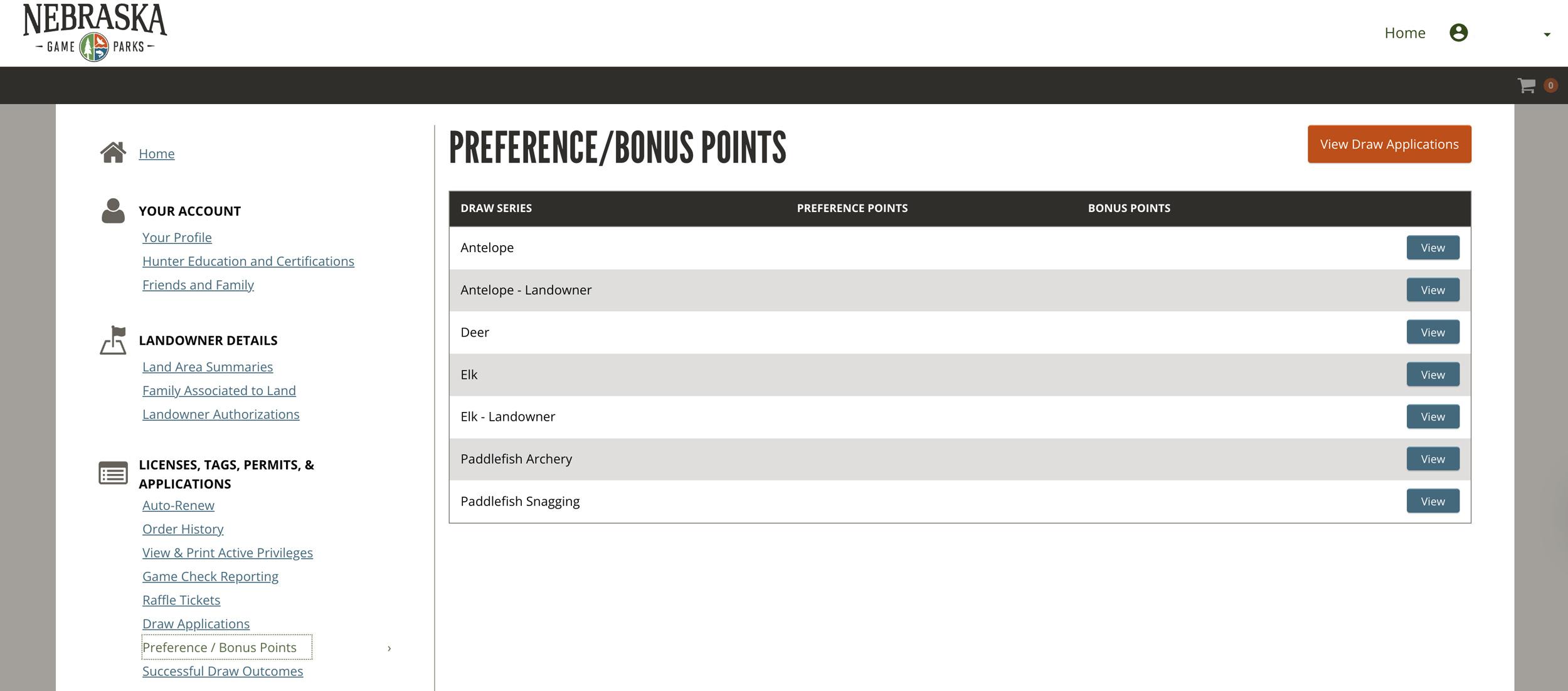Viewing Nebraska hunting preference and bonus points