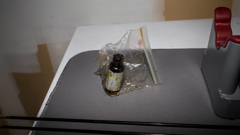 Spilled cleaning solvent in bag