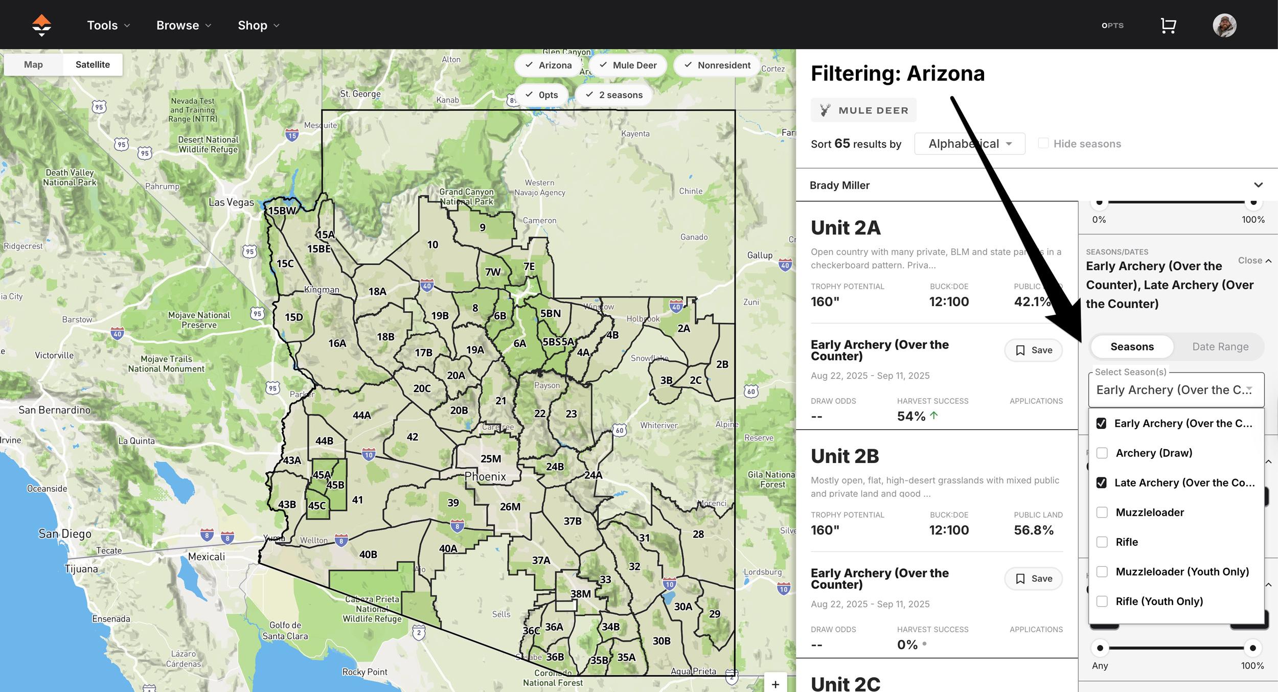 GOHUNT Filtering for over-the-counter Arizona mule deer hunting opportunities