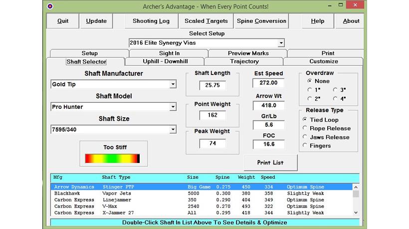 Arrow shaft selector using archers advantage