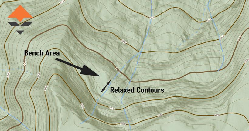 Topographical map showing how to find benches