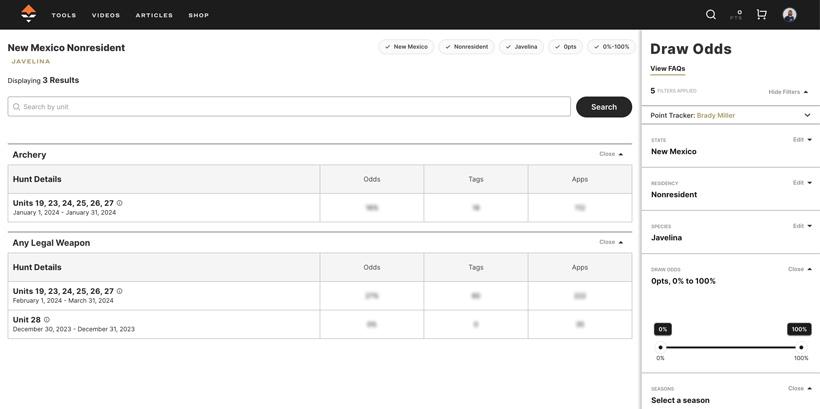 New mexico detailed draw odds page for javelina