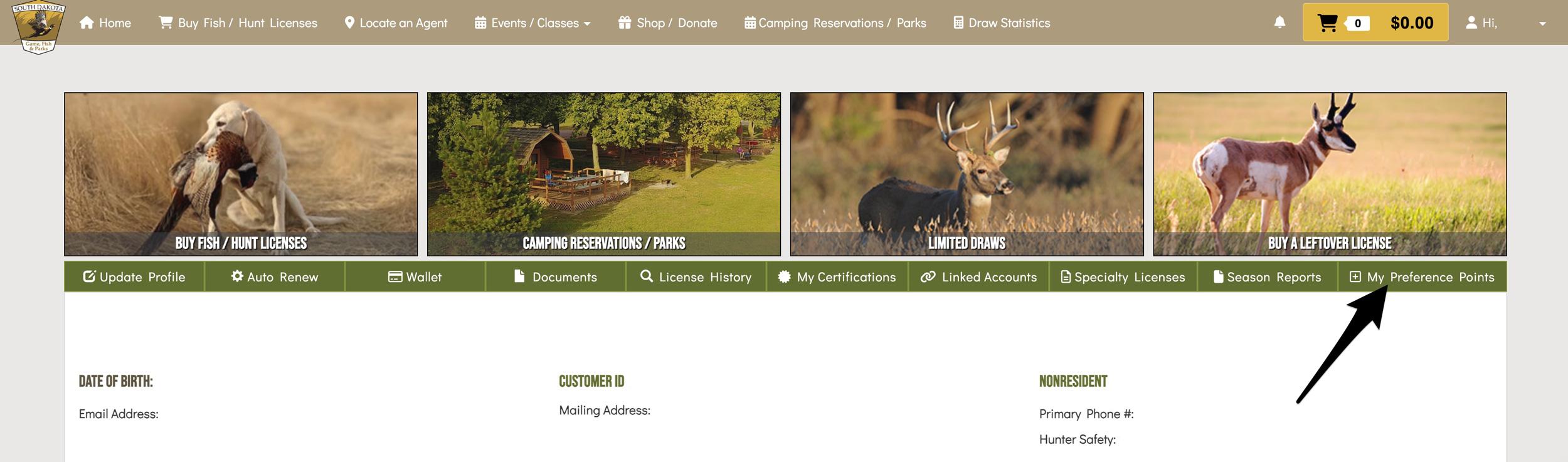 Section to view your South Dakota hunting preference point totals