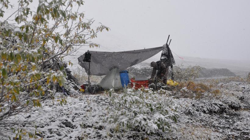 Winter backcountry sheep hunt camp