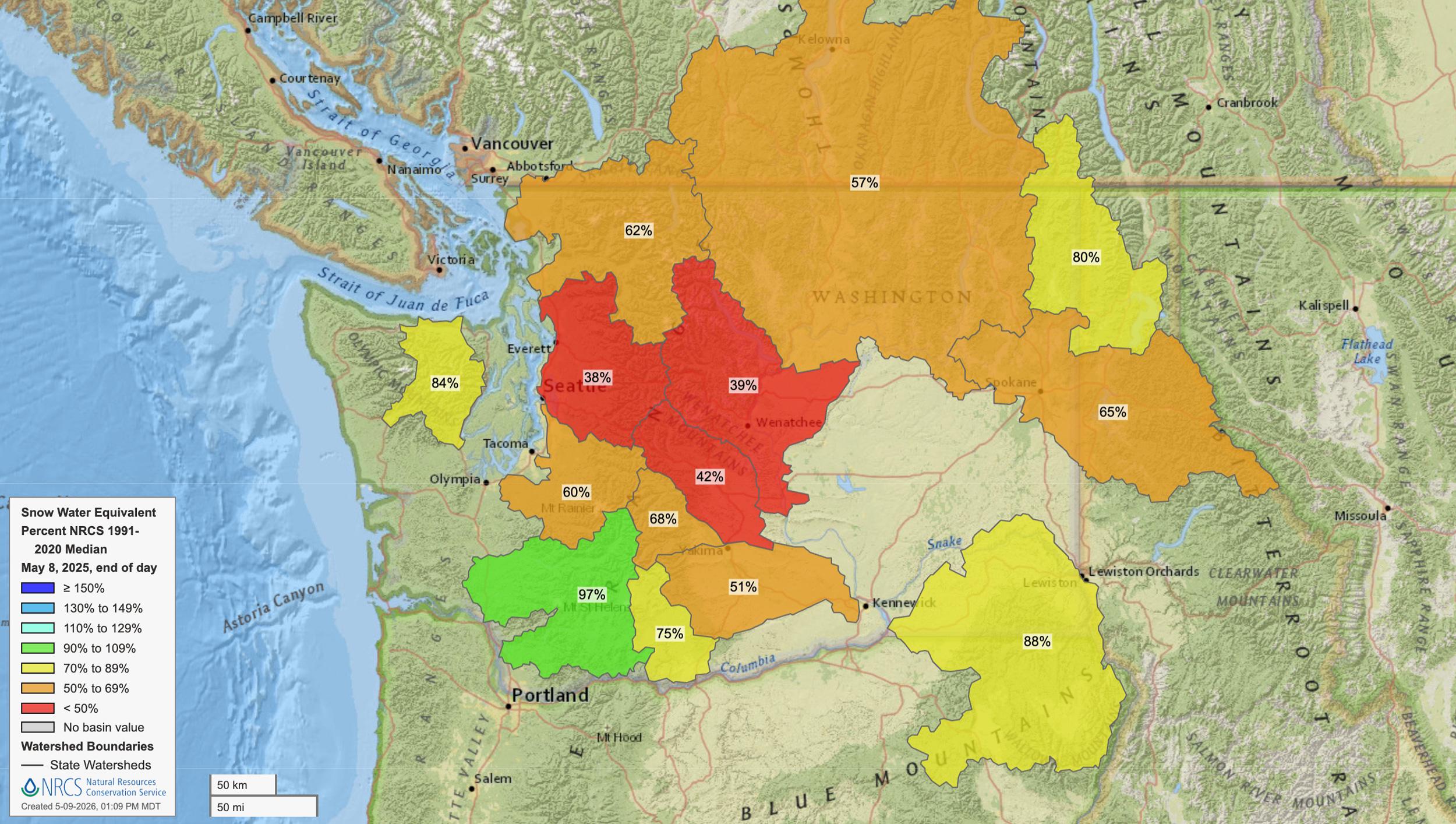 Washington early May 2025 snow water equivalent map