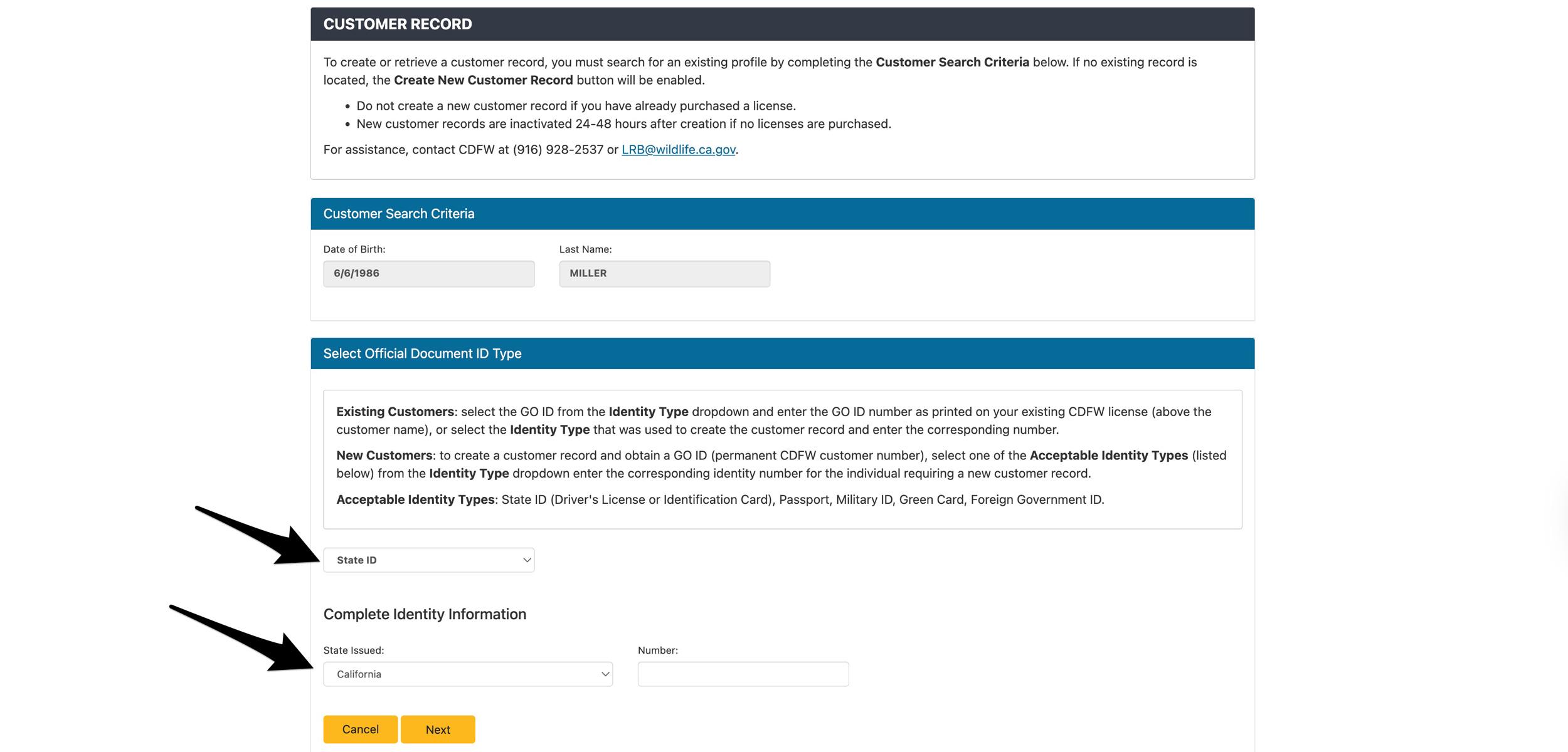 Official document id page for California hunting