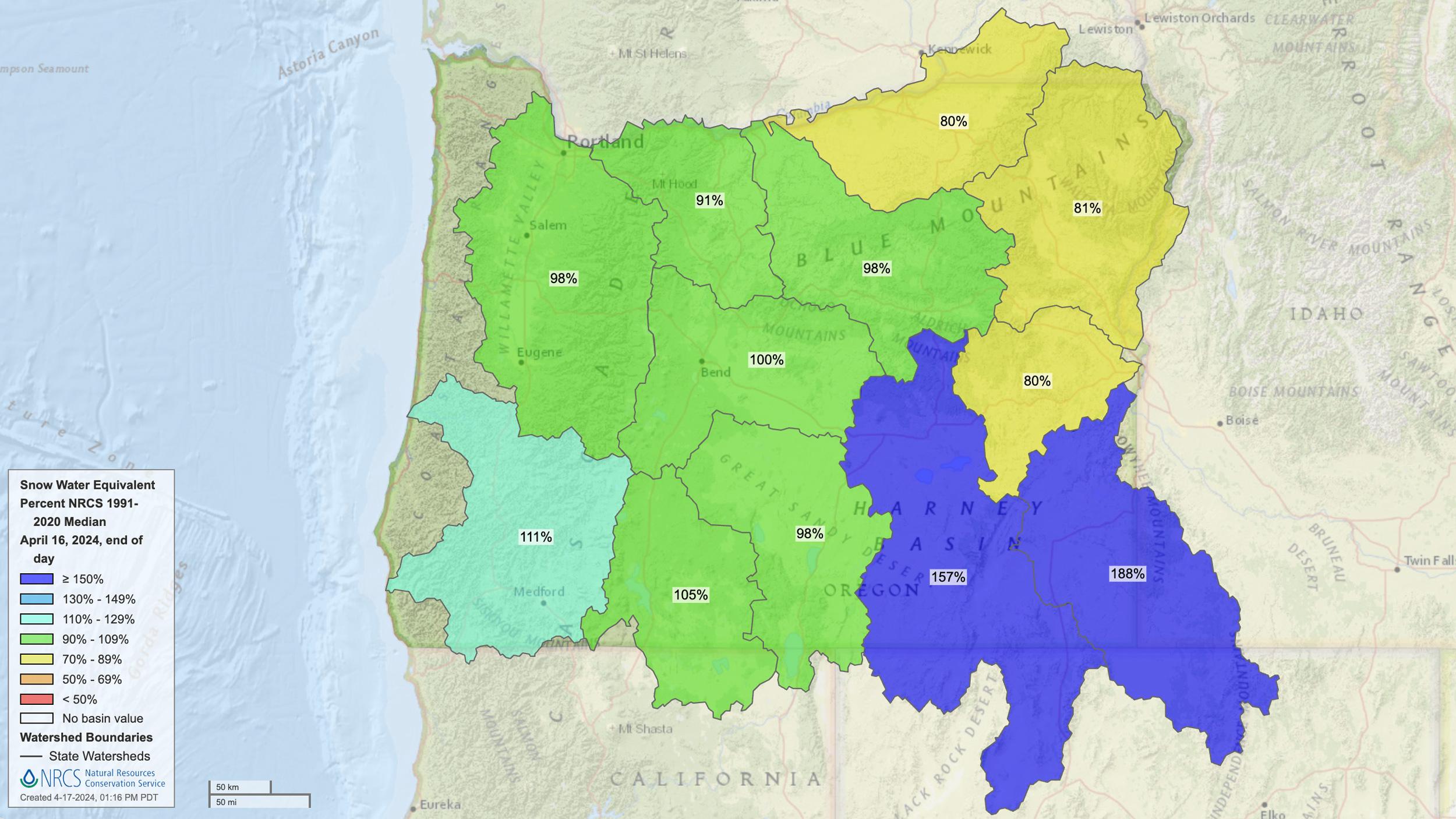 2024 Oregon mid April snow water equivalent map