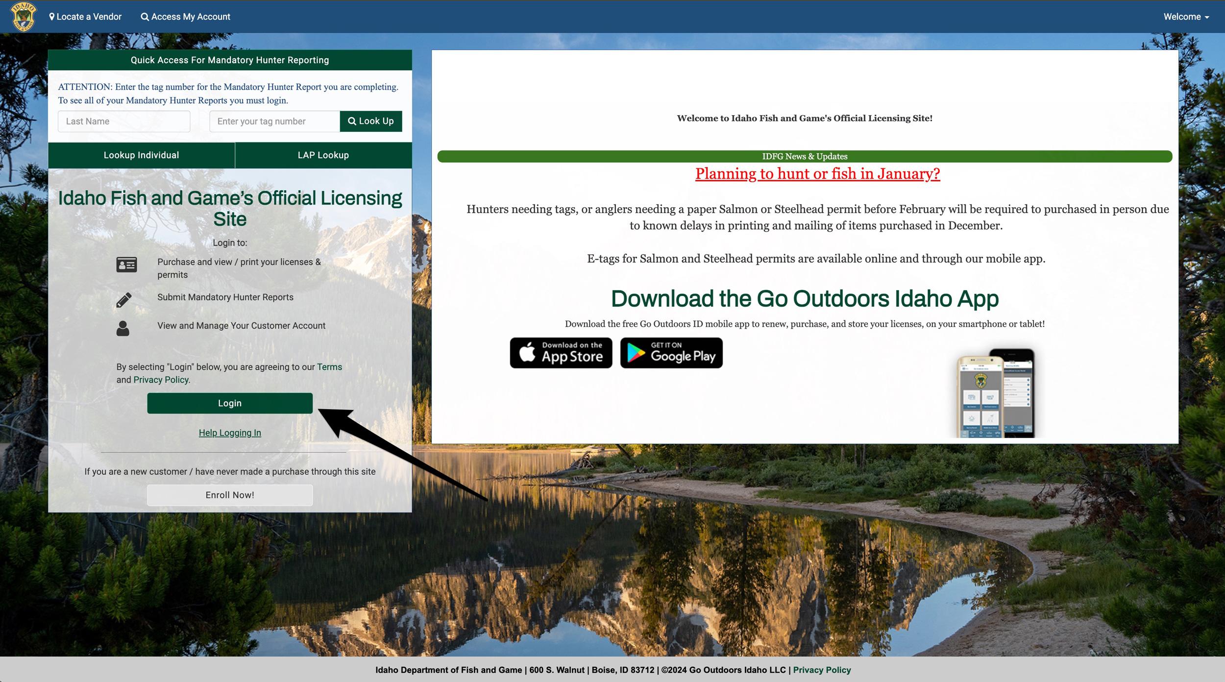 Login to access the Idaho Fish and Game licensing website