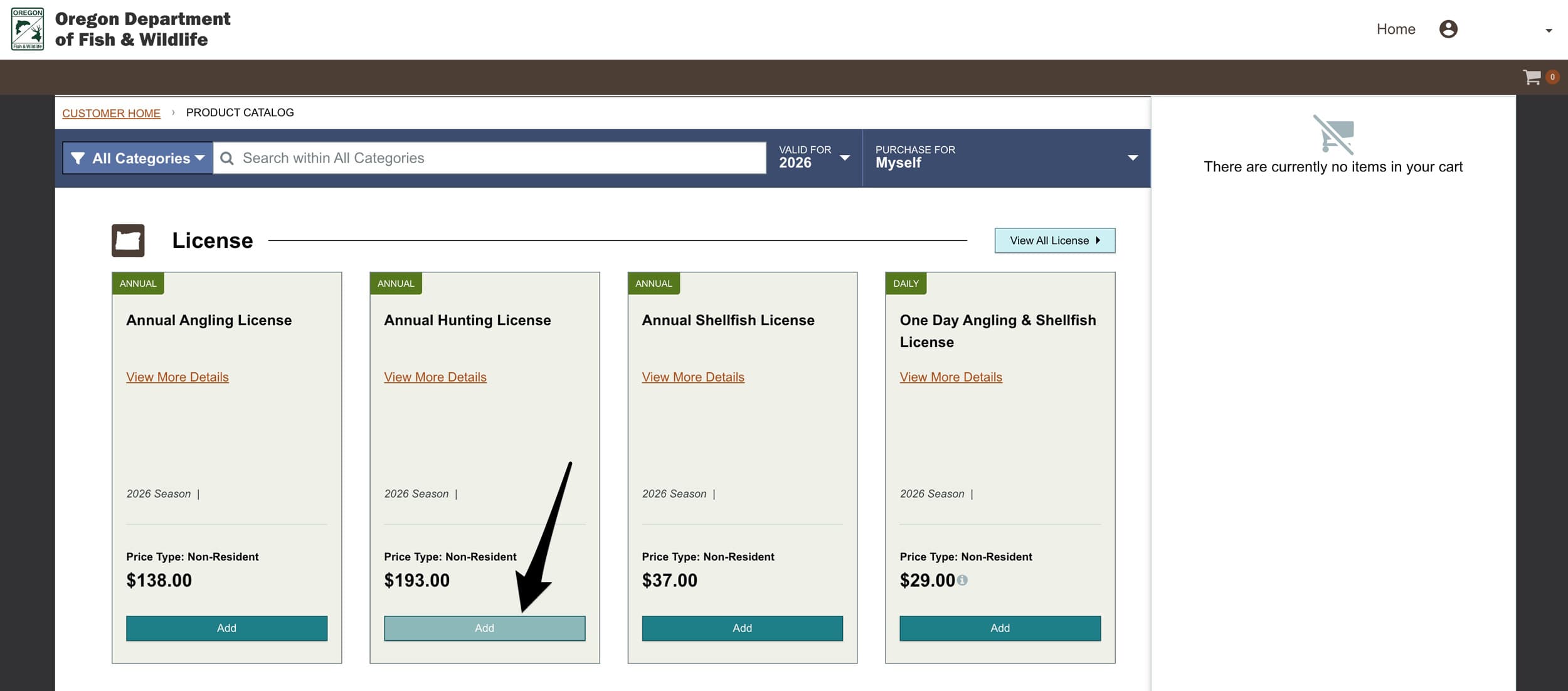 Adding an Oregon annual hunting license to your cart