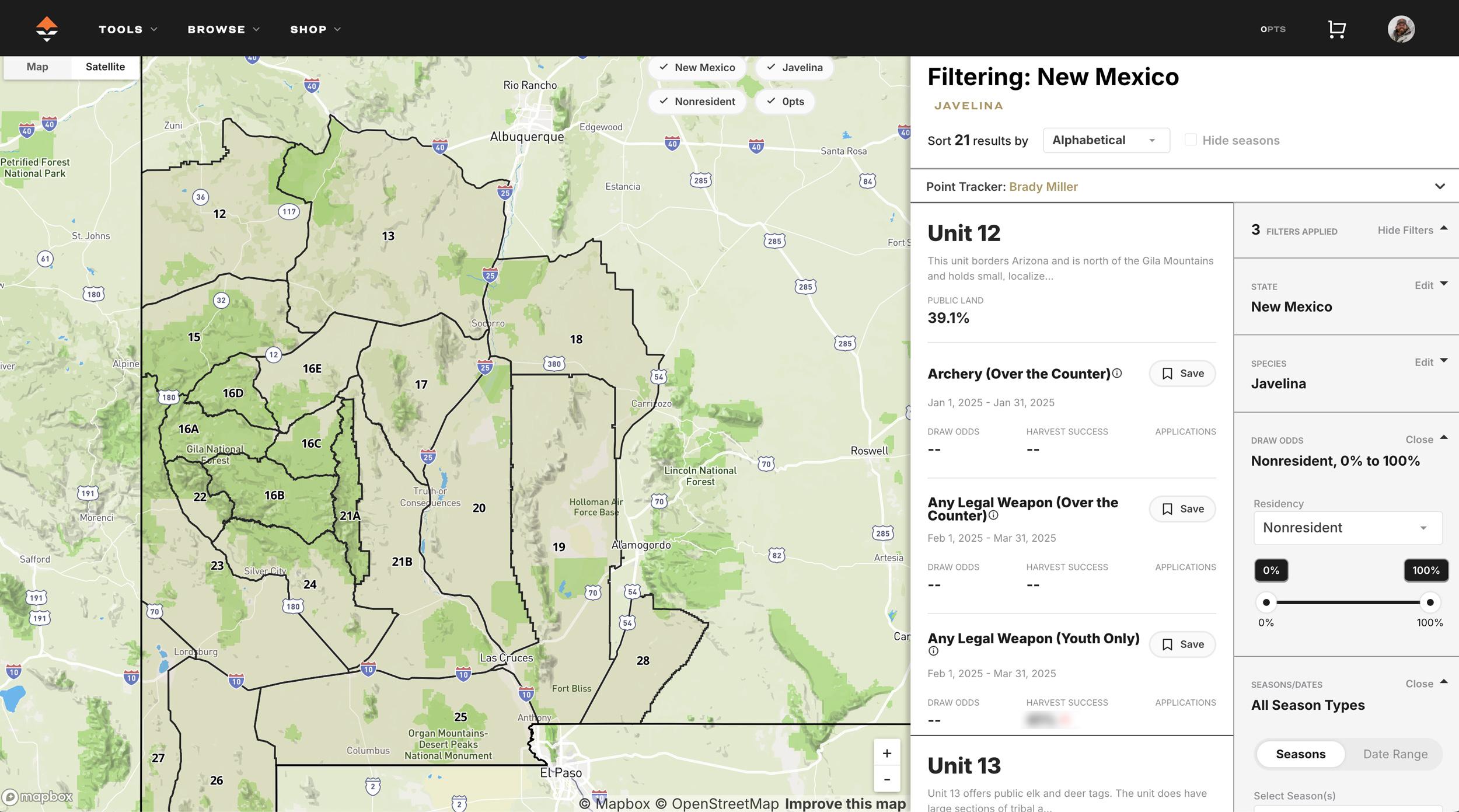 Example of javelina hunting research tools on GOHUNT