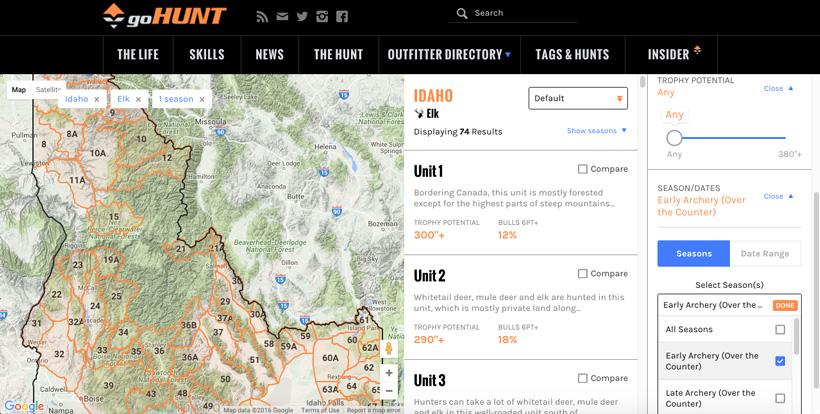 Idaho filtering options for over the counter elk hunting
