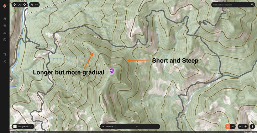 Analyzing ridgelines for hiking on gohunt topographical map