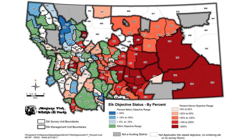 2017 elk population objective status by percent map