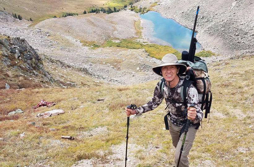 Lee packed up and ready to make the descent with meat