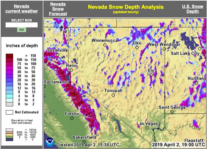 Nevada snow depth analysis for early april 2019