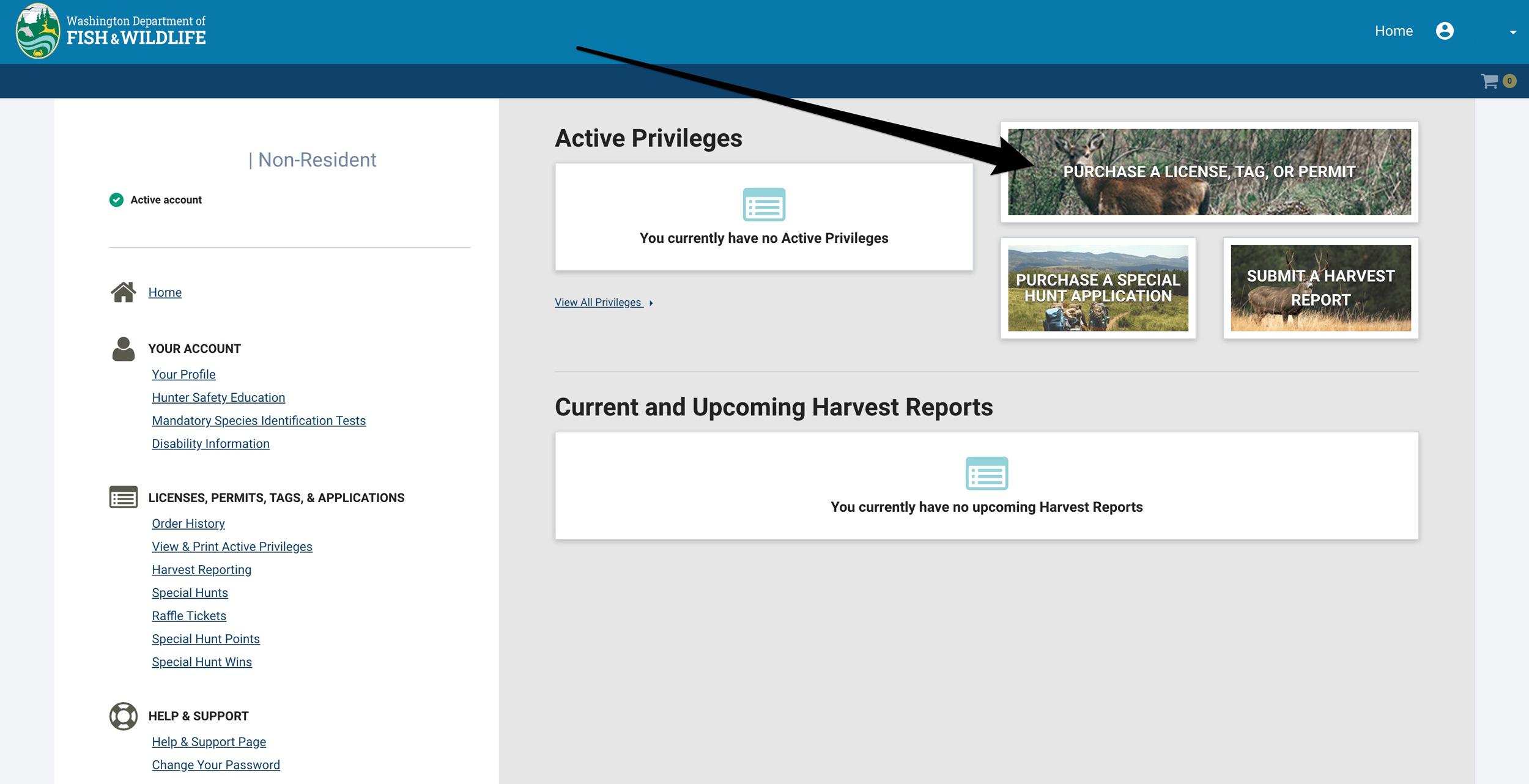 Washington license page purchase a license tag or permit section