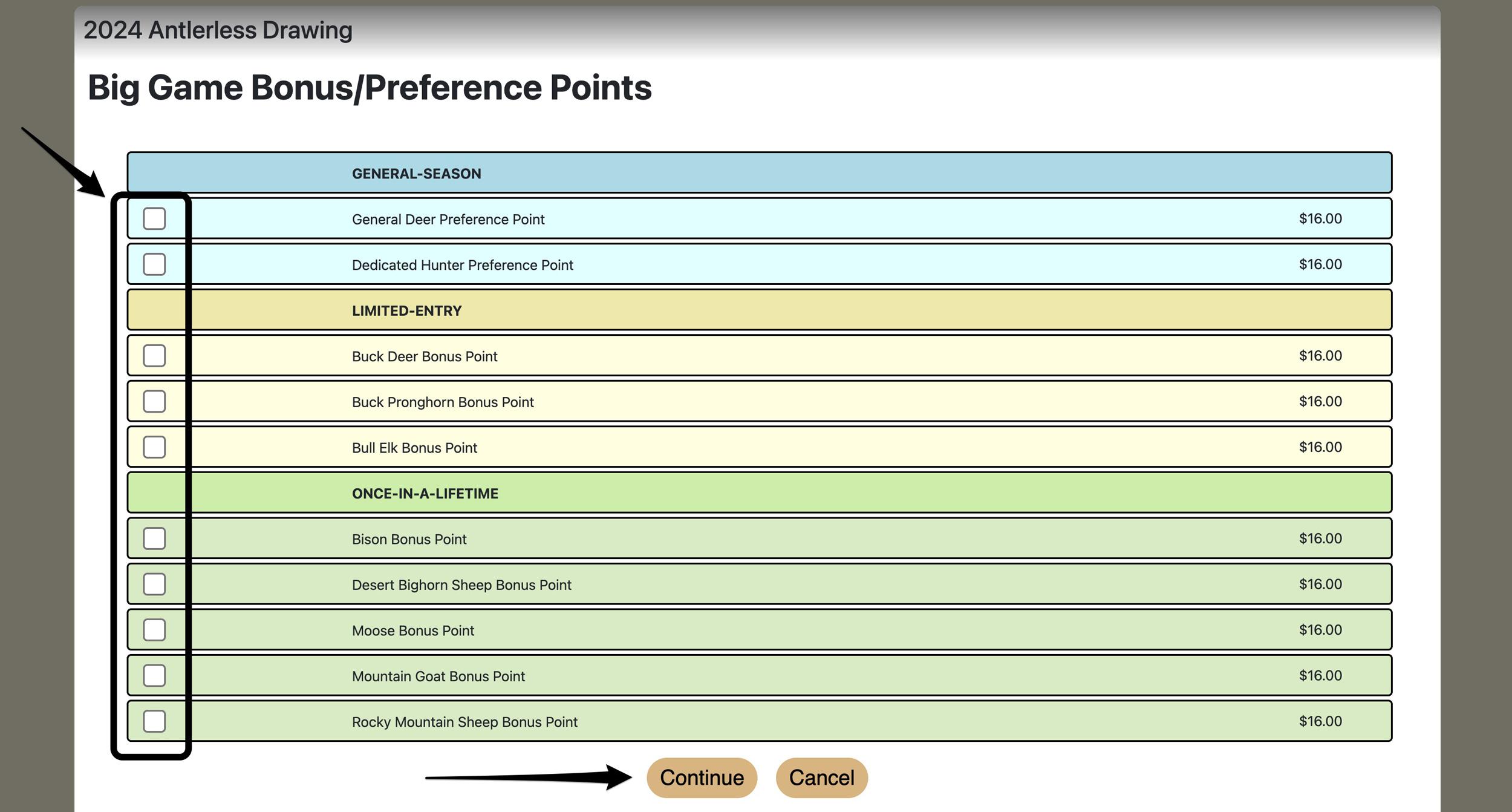 Selecting the big game species you want to purchase bonus points and preference points for in Utah