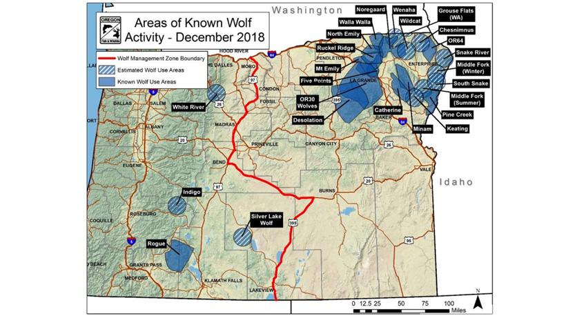 Areas of known wolf activity in oregon as of december 2018