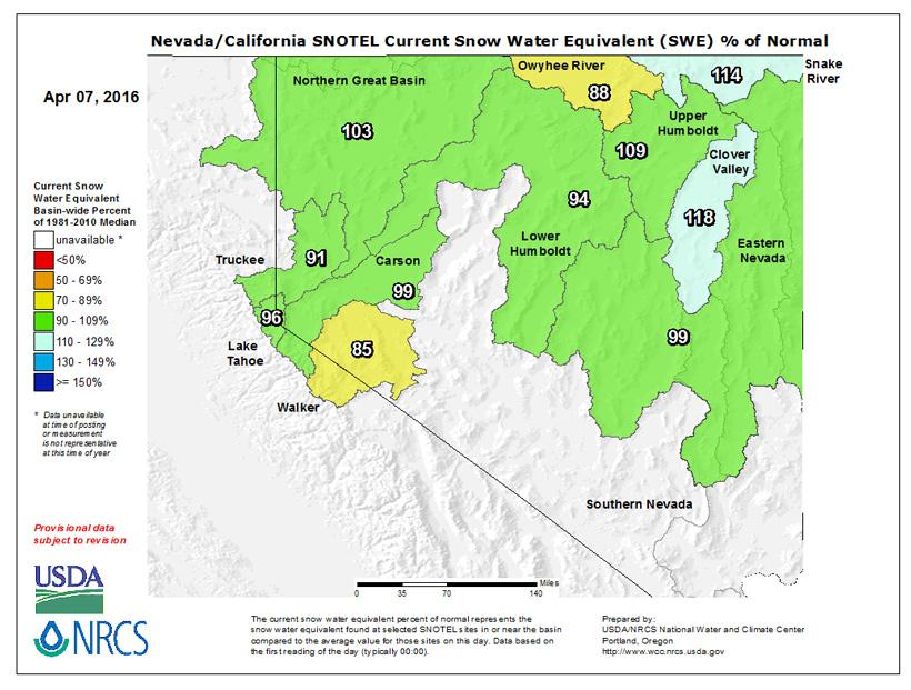 Nevada snow water equivalent percent of normal 2016