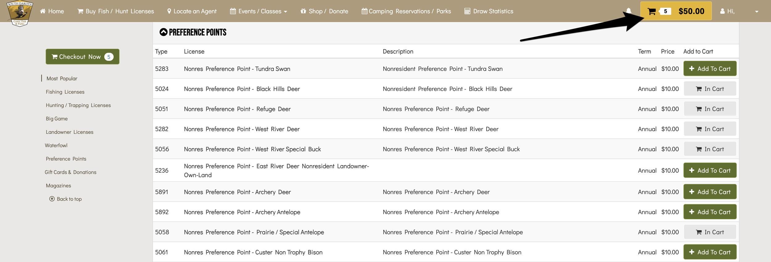 Jump to the cart to checkout and purchase your South Dakota hunting preference points