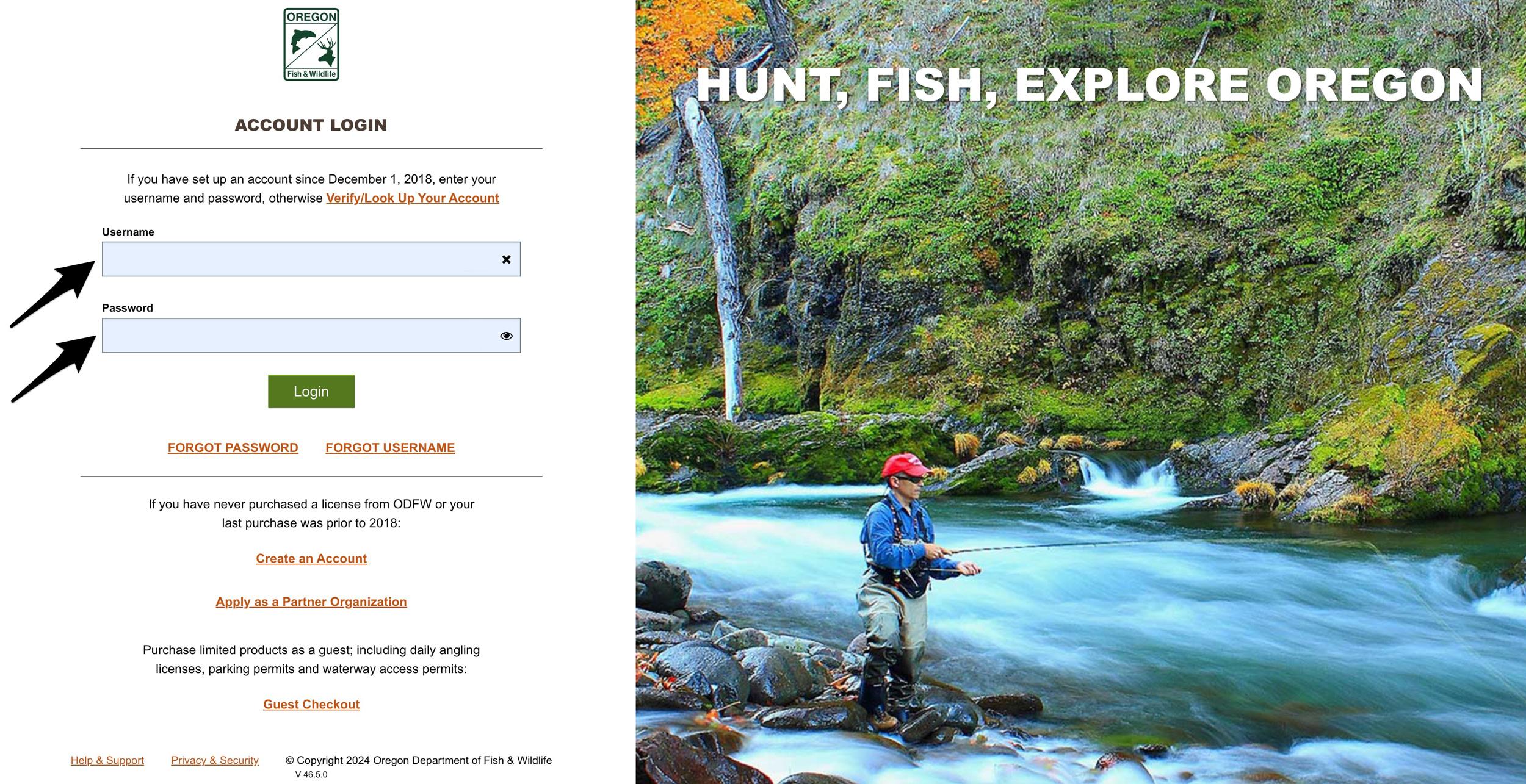 Enter in username and password for ODFW licensing website