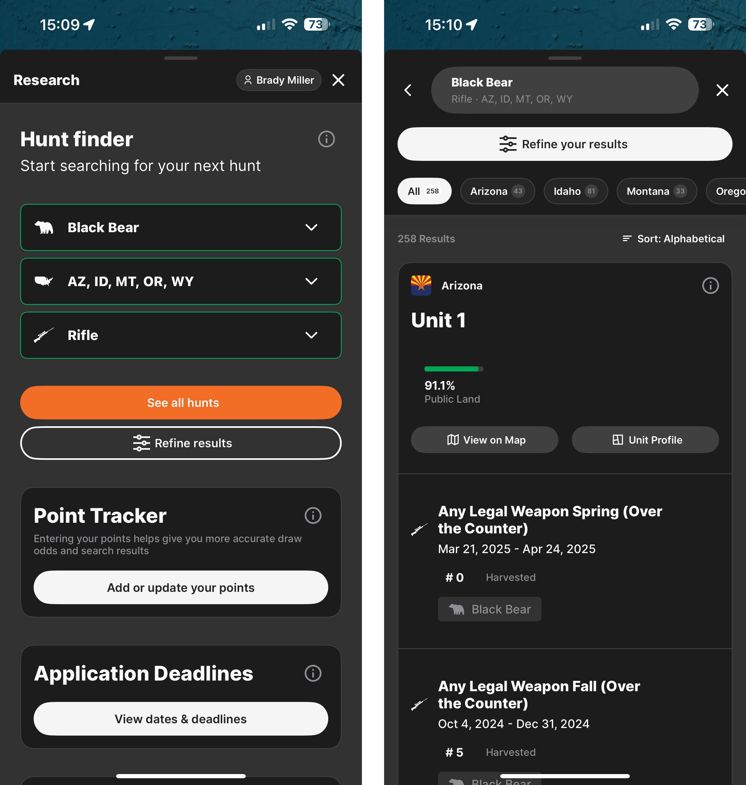 Using GOHUNT mobile app Hunt Finder to find spring bear hunts