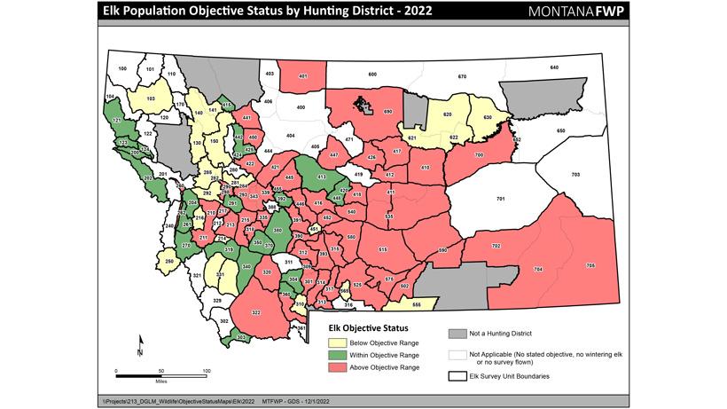 2022 Montana elk population objective status map by hunt district