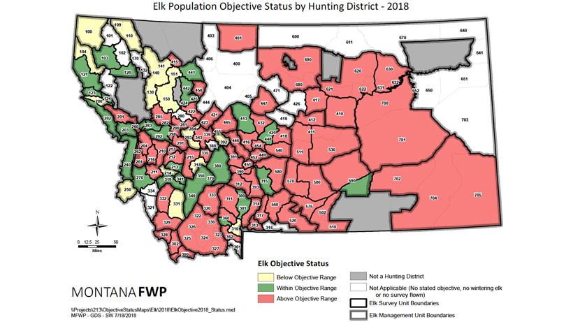 Montana 2018 elk population status by hunting district