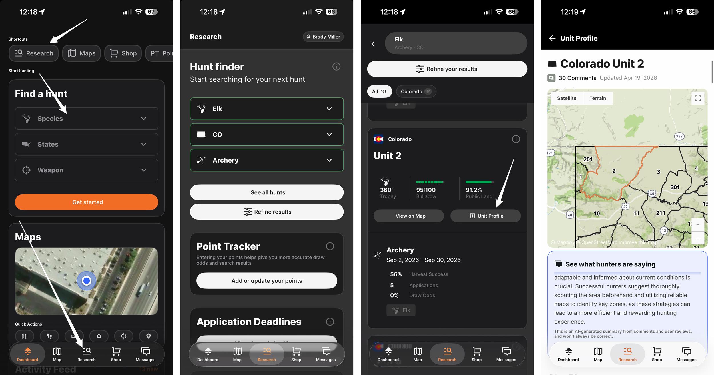 Accessing a Unit Profile on the GOHUNT mobile app