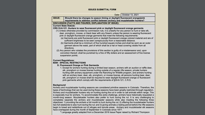 Colorado issue paper on fluorescent orange for bowhunters
