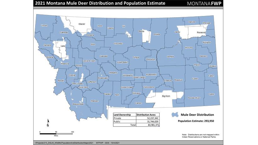 Montana mule deer distribution and population estimate