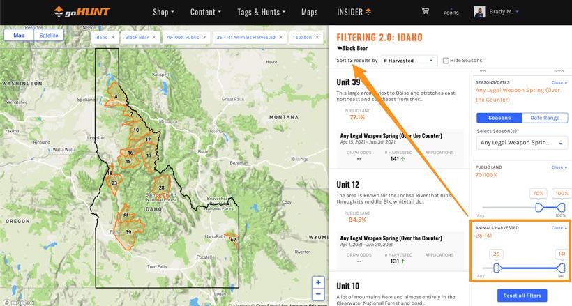 Narrowing down idaho spring bear units by number of bears taken