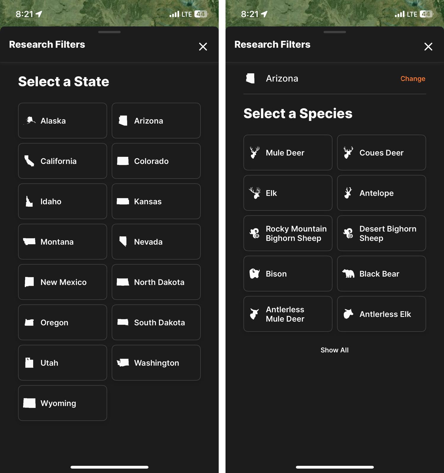 Selecting state and species you want to hunt on GOHUNT app