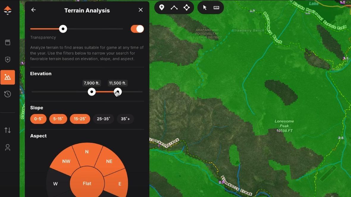 Terrain Analysis tool highlighting north-facing bedding slopes between elevations