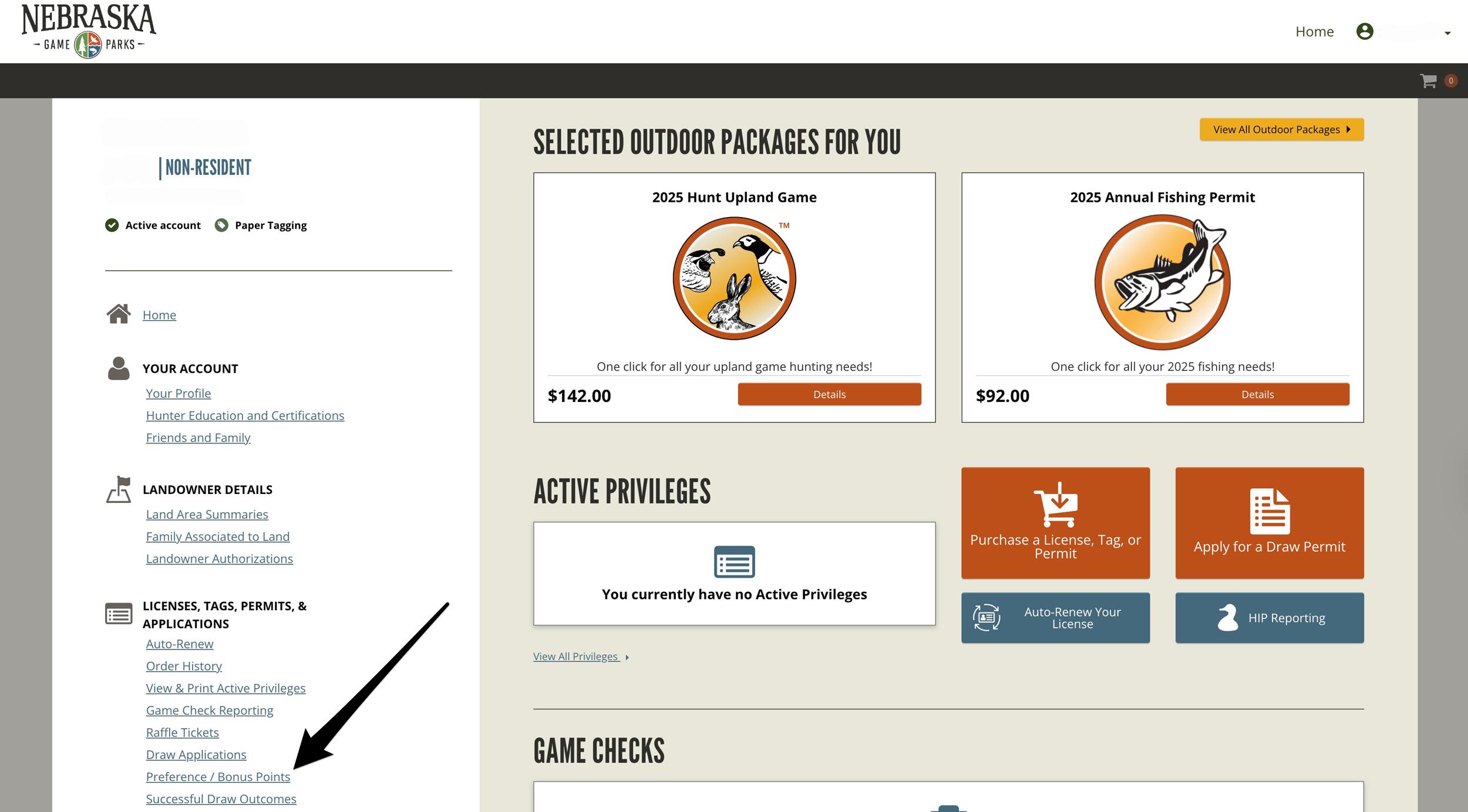 Nebraska Game and Parks account page of your hunting information