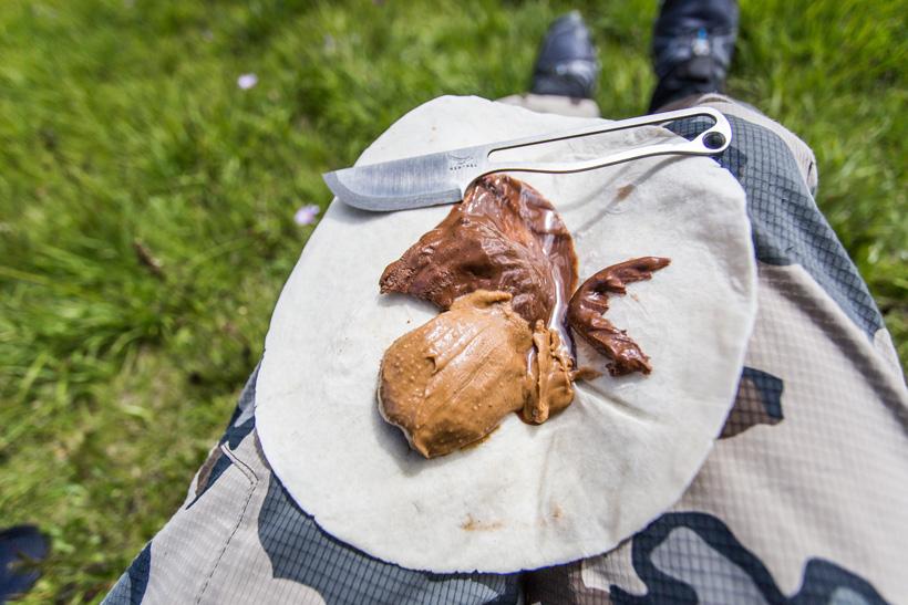Peanut butter on tortilla for hunting