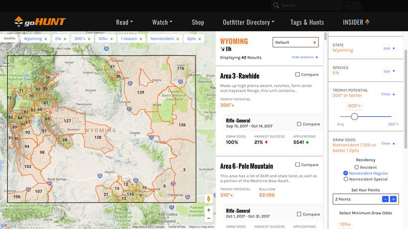 Screen shot of filtering for elk hunts