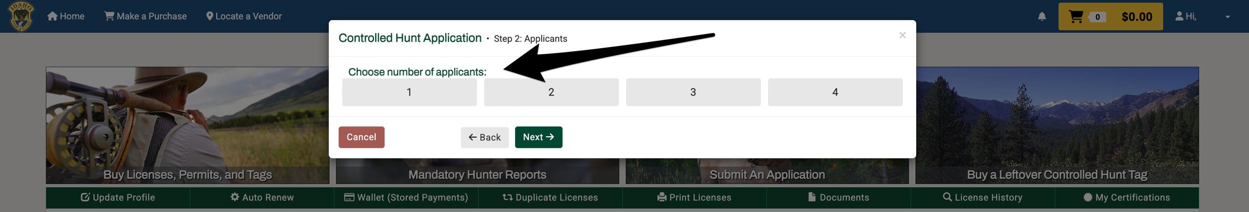 Select the number of applicants on your general season application