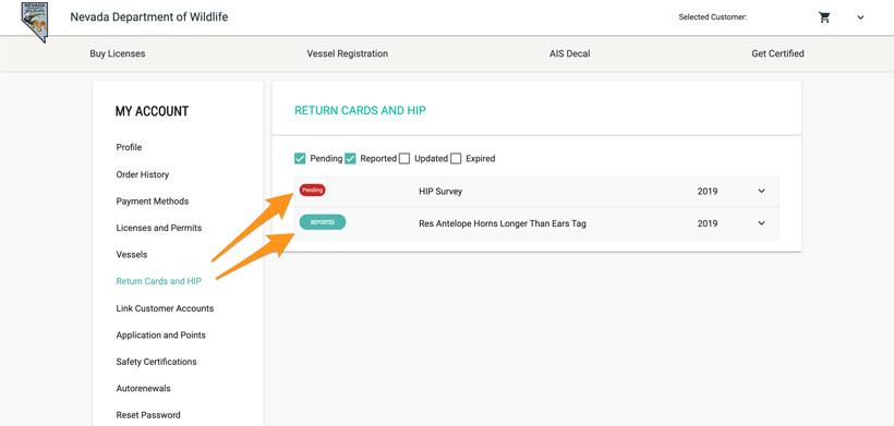 Nevada return card screen showing completed harvest survey_0