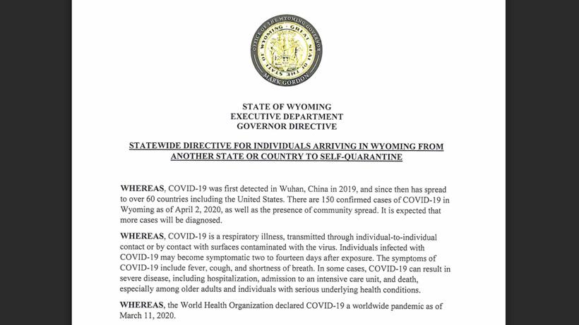 Wyoming statewide directive for travel during covid 19