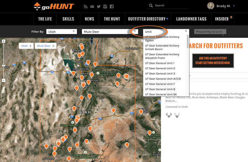 Utah outfitter directory filtering by unit