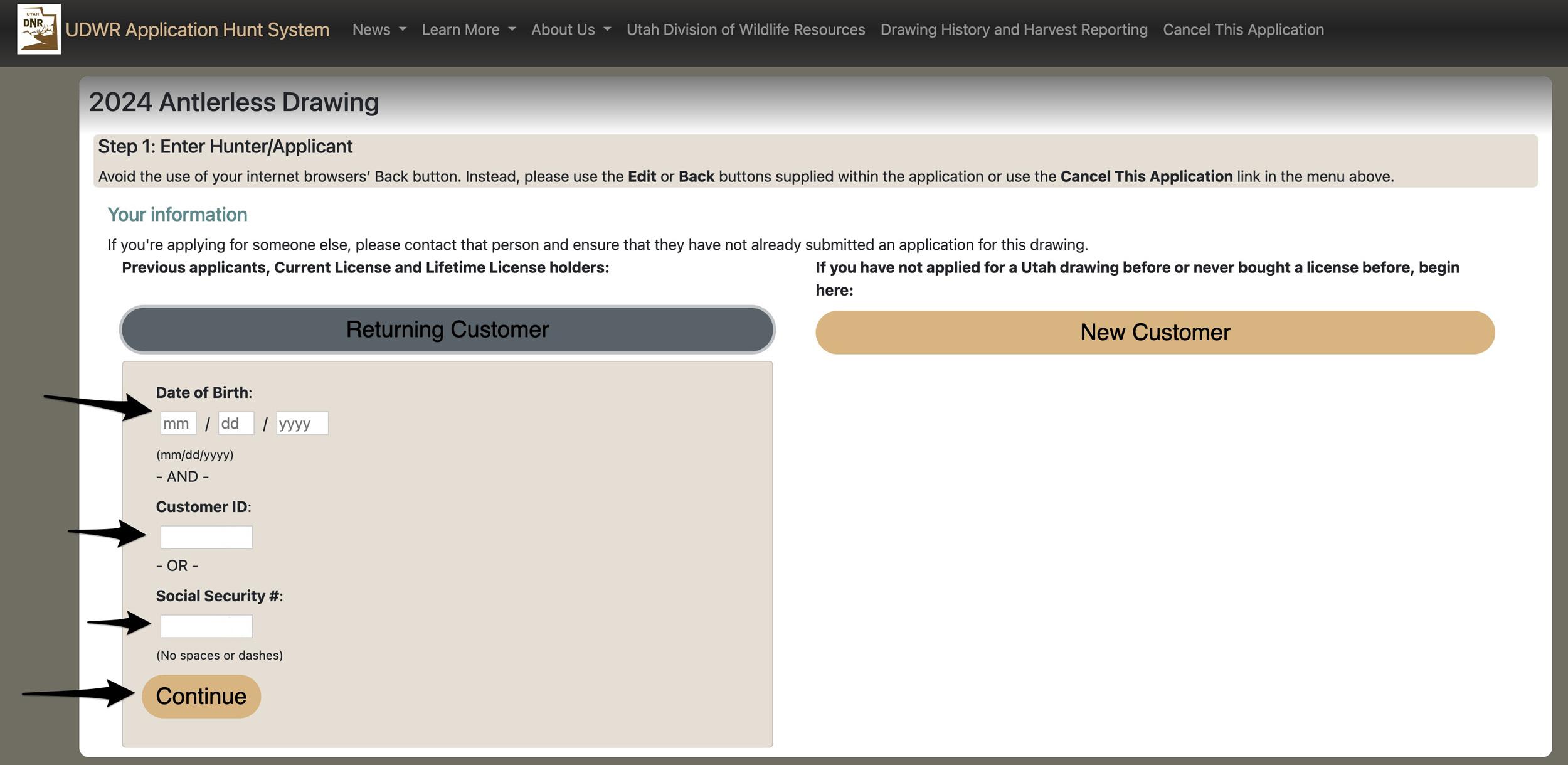 Information to fill out for Utah hunting information returning customers point purchase