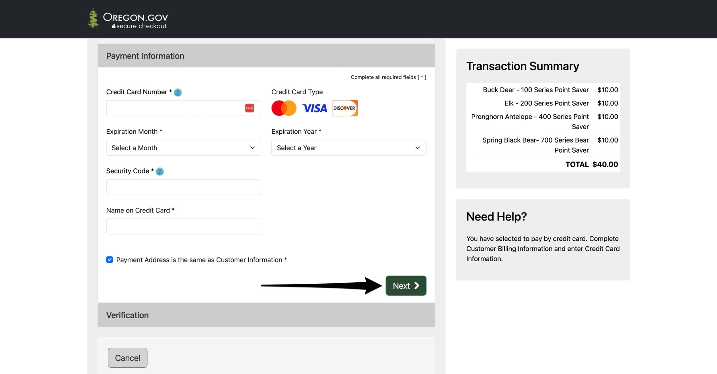 Enter credit card information to buy Oregon preference points