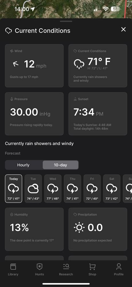 Upcoming 10-day weather forecast view in the GOHUNT Mobile App