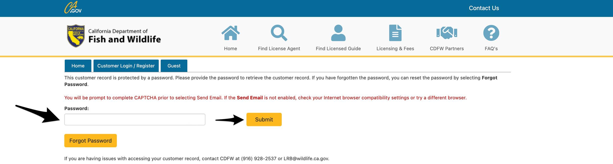 Logging in to California Department of Wildlife account