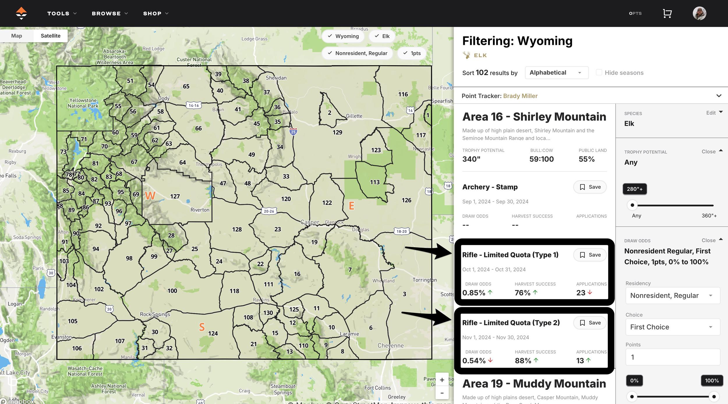 Viewing Wyoming license types on GOHUNT research tools