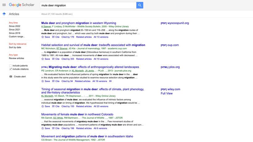 Biology report results searching for mule deer migration data