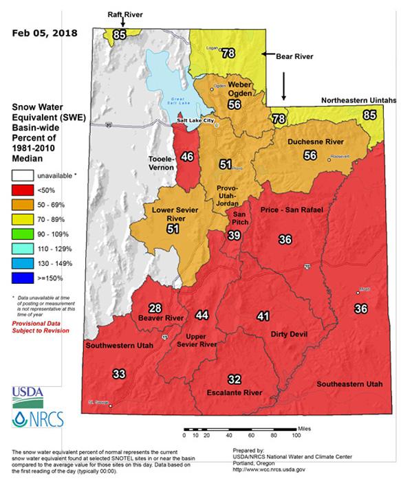 Utah snow water equivalent percent of normal february 2018_0